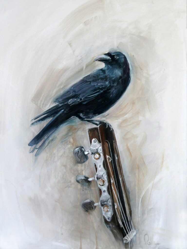 cordes nocturnes rolla artiste peintre animalier corbeau raven guitare 