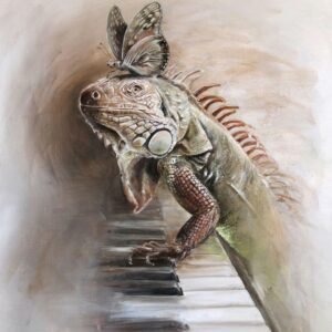 Iguane peinture acrylique Sonate Punk par Rolla – iguane sur piano avec papillon sur la tête, symbole de musique et esprit punk