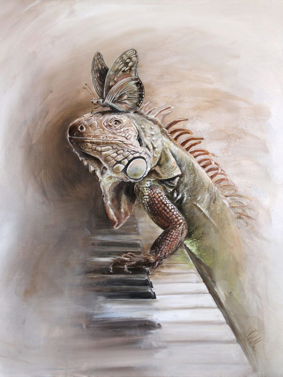 Iguane peinture acrylique Sonate Punk par Rolla – iguane sur piano avec papillon sur la tête, symbole de musique et esprit punk