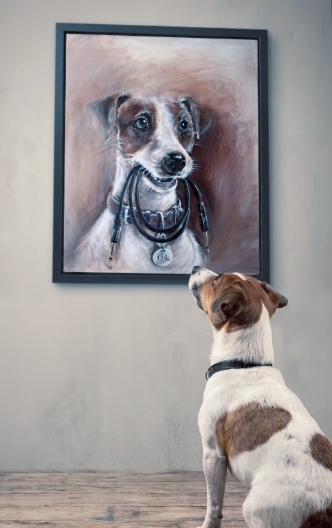 Peinture Promenade Musicale acrylique contemporain Rolla chien tenant câble jack art musical