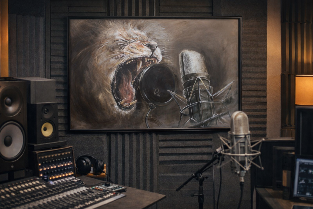 Peinture Lion Cri Royal acrylique art contemporain Rolla animalier musique