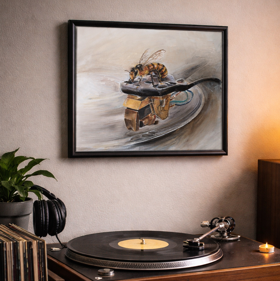 Peinture Musicale Queen acrylique abeille sur platine vinyle reine Rolla art contemporain