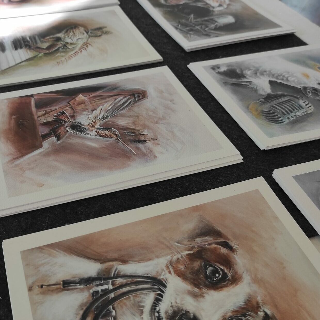 Reproductions série Instinct Musical par Rolla – mini-prints signés sur papier aquarelle représentant les œuvres rythmées et expressives de la série