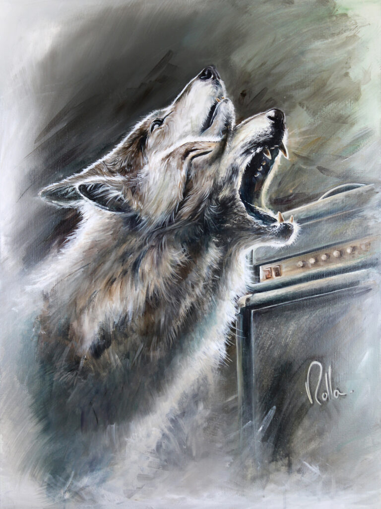 Loup peinture acrylique contemporaine Rage Sonore par Rolla, œuvre originale animalier et musical